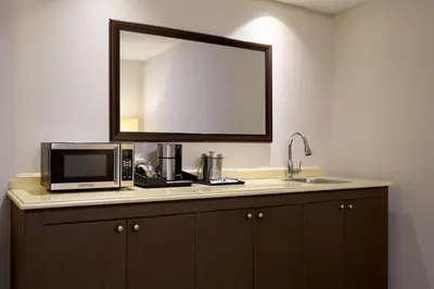 a bathroom with a sink and a microwave and a mirror at Sheraton Brooklyn New York in Brooklyn