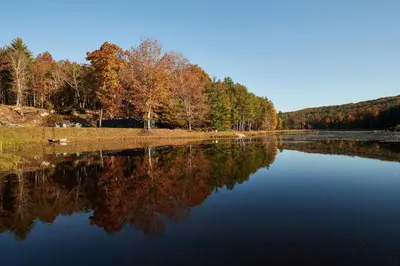 a view of a lake with trees in the background at The Country Inn in Stone Ridge