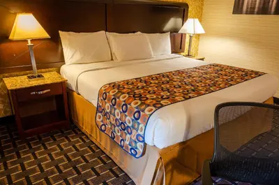 a hotel room with a large bed and a chair at Elmhurst Hotel in Queens