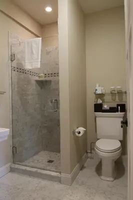 a bathroom with a shower with a toilet and a sink at The Vermont House in Wilmington