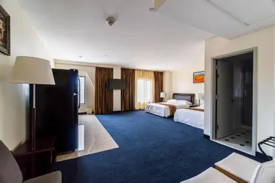 a hotel room with two beds and a blue carpet at John Hotel in Queens