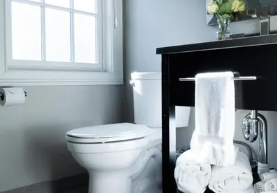 a bathroom with a toilet and a window and towels at The Railroad Inn in Cooperstown