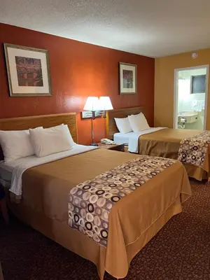 two beds in a hotel room with orange walls at Executive Inn Schenectady Downtown in Schenectady