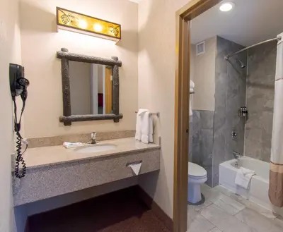 a bathroom with a sink and a shower at Six Flags Great Escape Lodge & Indoor Waterpark in Queensbury