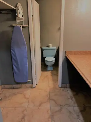 a bathroom with a toilet with a blue pillow at Latham Inn in Latham