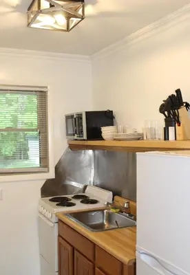 a kitchen with a sink and a microwave at Catskill Seasons Inn in Shandaken