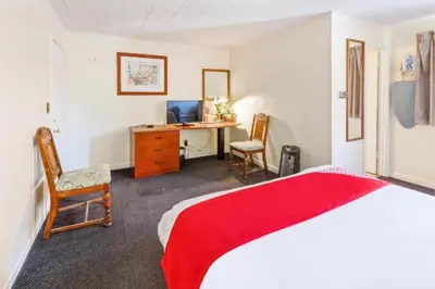 a bedroom with a bed and a desk with a computer at Buena Vista Inn Motel in Delhi