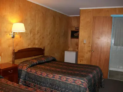 a hotel room with a bed and a lamp at Mohican Motel in Cooperstown
