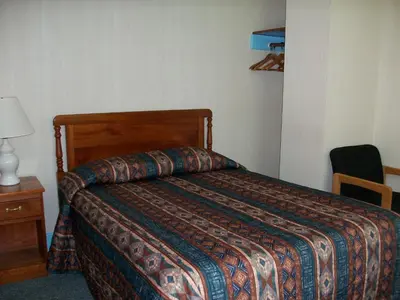 a bedroom with a bed and a lamp and a chair at Mohican Motel in Cooperstown