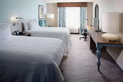 a hotel room with two beds and a desk with a television at Hilton Garden Inn Albany Airport in Albany