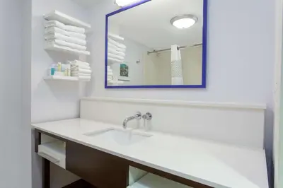 a bathroom with a sink and a mirror at Hampton Inn & Suites Albany-Airport in Latham