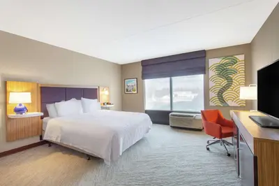 a hotel room with a bed and a desk and a television at Hampton Inn & Suites Albany-Airport in Latham