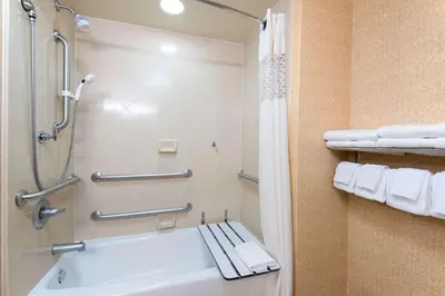 a bathroom with a shower and a sink and towels at Hampton Inn Schenectady Downtown in Schenectady