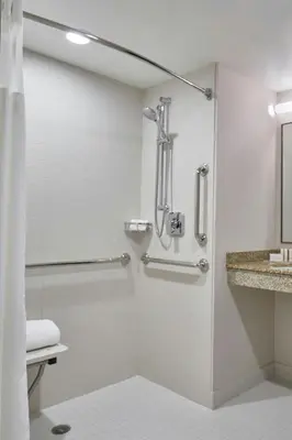 a bathroom with a shower and a sink at Fairfield Inn & Suites by Marriott Albany Airport in Albany