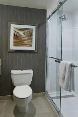 a bathroom with a toilet and a glass shower at Courtyard by Marriott Albany Thruway in Albany