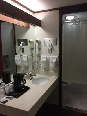 a bathroom with a sink and a toilet and a mirror at North King Motel in Northampton
