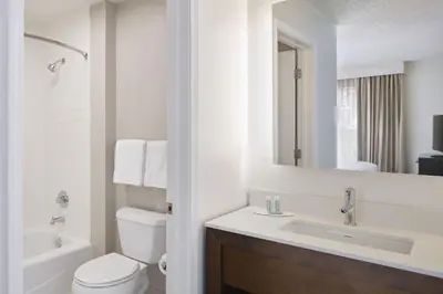 a bathroom with a sink and a toilet and a mirror at Residence Inn by Marriott Albany East Greenbush/Tech Valley in East Greenbush