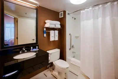 a bathroom with a toilet and a sink and a shower at Fairfield Inn by Marriott East Rutherford Meadowlands in East Rutherford