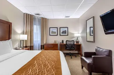 a hotel room with a bed and a desk and a chair at Comfort Inn Syosset-Long Island in Syosset