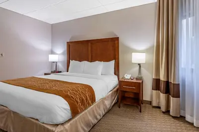 a hotel room with a large bed and a window at Comfort Inn Syosset-Long Island in Syosset