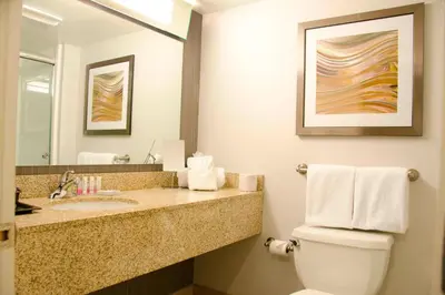 a bathroom with a sink and a toilet and a mirror at Courtyard Waterbury Downtown in Waterbury