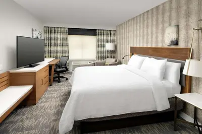 a hotel room with a bed and a desk and a television at Hilton Garden Inn Westchester Dobbs Ferry in Dobbs Ferry