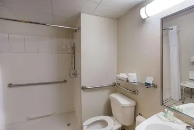 a bathroom with a toilet and a sink and a mirror at Quality Inn Albany Colonie in Albany