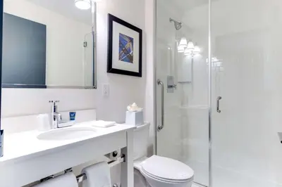 a bathroom with a sink and a toilet and a shower at Vista LIC Hotel, Premier Collection by Best Western in Queens