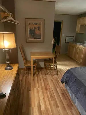 a bedroom with a table and chairs and a bed at Michael Dee's Motel in East Durham
