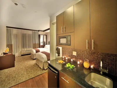 a hotel room with a bed and a kitchen with a sink at Aura Hotel Brooklyn in Brooklyn