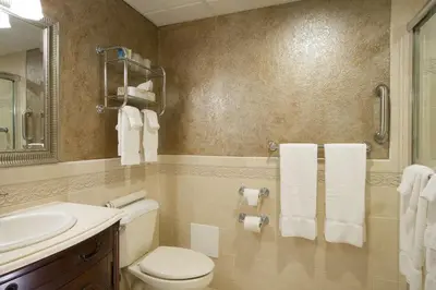 a bathroom with a toilet and a sink at Best Western PLUS Franklin Square Inn in Troy