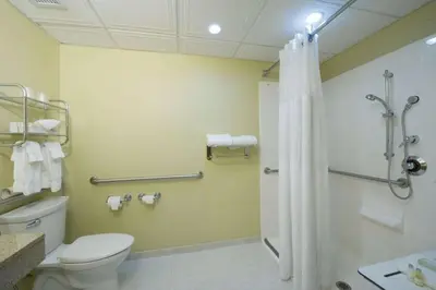 a bathroom with a toilet and a shower with a shower curtain at Best Western PLUS Franklin Square Inn in Troy