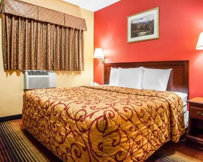 a large bed in a hotel room with red walls at Rodeway Inn Jersey City North in Jersey City