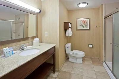 a bathroom with a sink and a toilet and a mirror at Hampton Inn Matamoras in Matamoras