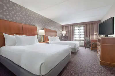 a hotel room with two beds and a flat screen tv at Hilton Garden Inn Springfield, MA in Springfield