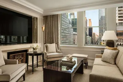 a living room with a fireplace and a large window at Waldorf Astoria New York in New York