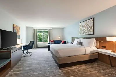 a hotel room with a bed and a flat screen tv at Hilton Garden Inn Melville in Plainview