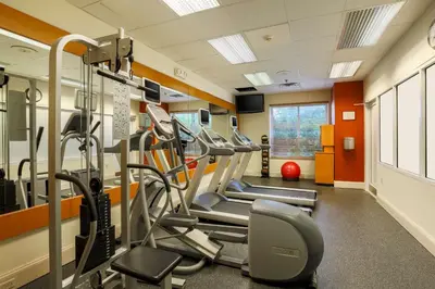 a gym with treadmills and ellipticals in a room at Hilton Garden Inn Nanuet in Nanuet