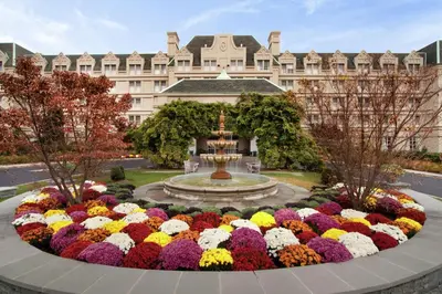 a large flower garden in front of a building at Hilton Pearl River in Pearl River