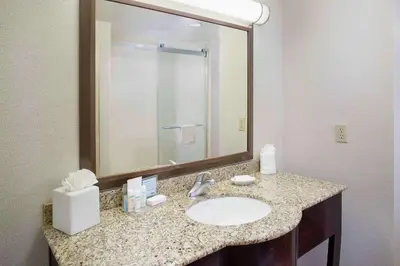 a bathroom with a sink and a mirror at Hampton Inn by Hilton Garden City Long Island in Garden City