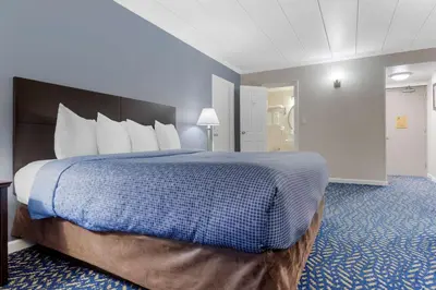 a hotel room with a large bed with white pillows at Econo Lodge Hicksville - Long Island in Hicksville