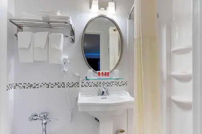 a white bathroom with a sink and a mirror at Econo Lodge Hicksville - Long Island in Hicksville