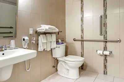a bathroom with a toilet and a sink and a shower at Econo Lodge Hicksville - Long Island in Hicksville