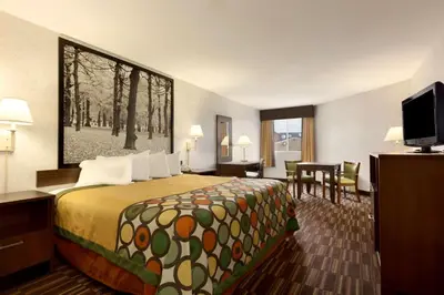 a hotel room with a bed and a television at Riverdale Inn in Springfield