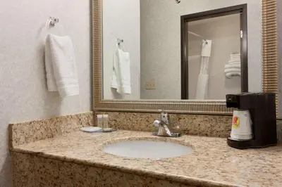 a bathroom counter with a sink and a mirror at Riverdale Inn in Springfield