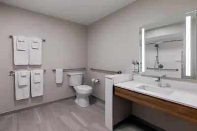a bathroom with a sink and a toilet and a mirror at Holiday Inn Express & Suites Pittsfield-Lenox-Berkshires by IHG in Pittsfield