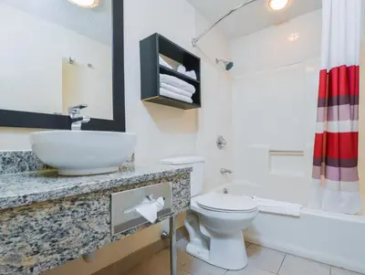 a bathroom with a sink and a toilet and a tub at Red Roof Inn PLUS+ & Suites Guilford in Guilford