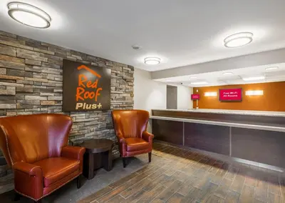 a waiting room with two chairs and a bar at Red Roof Inn PLUS+ South Deerfield - Amherst in South Deerfield