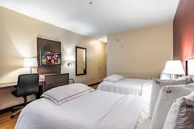 a hotel room with two beds and a desk at Red Roof Inn PLUS+ South Deerfield - Amherst in South Deerfield