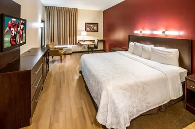 a hotel room with a bed and a television at Red Roof Inn PLUS+ South Deerfield - Amherst in South Deerfield